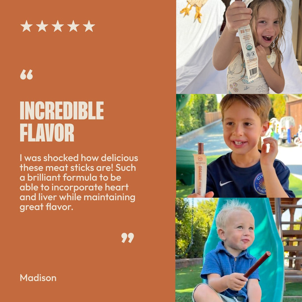 Five-star review from Madison: Incredible flavor. I was shocked how delicious these meat sticks are! Such a brilliant formula to be able to incorporate heart and liver while maintaining great flavor. Beside photos of three kids holding Artemis beef sticks.