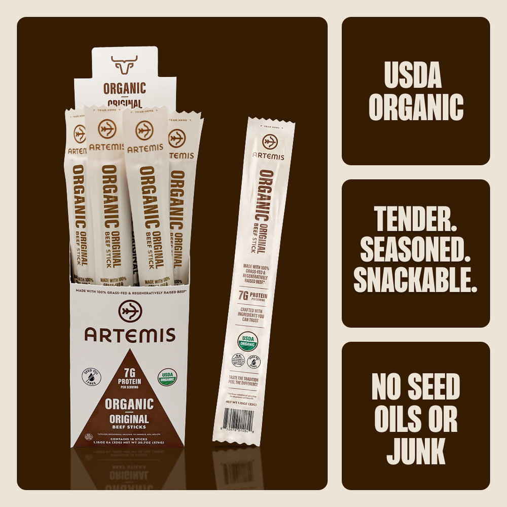 Organic Original Beef Stick display box and stick beside three callouts: USDA Organic, tender seasoned snackable, no seed oils or junk