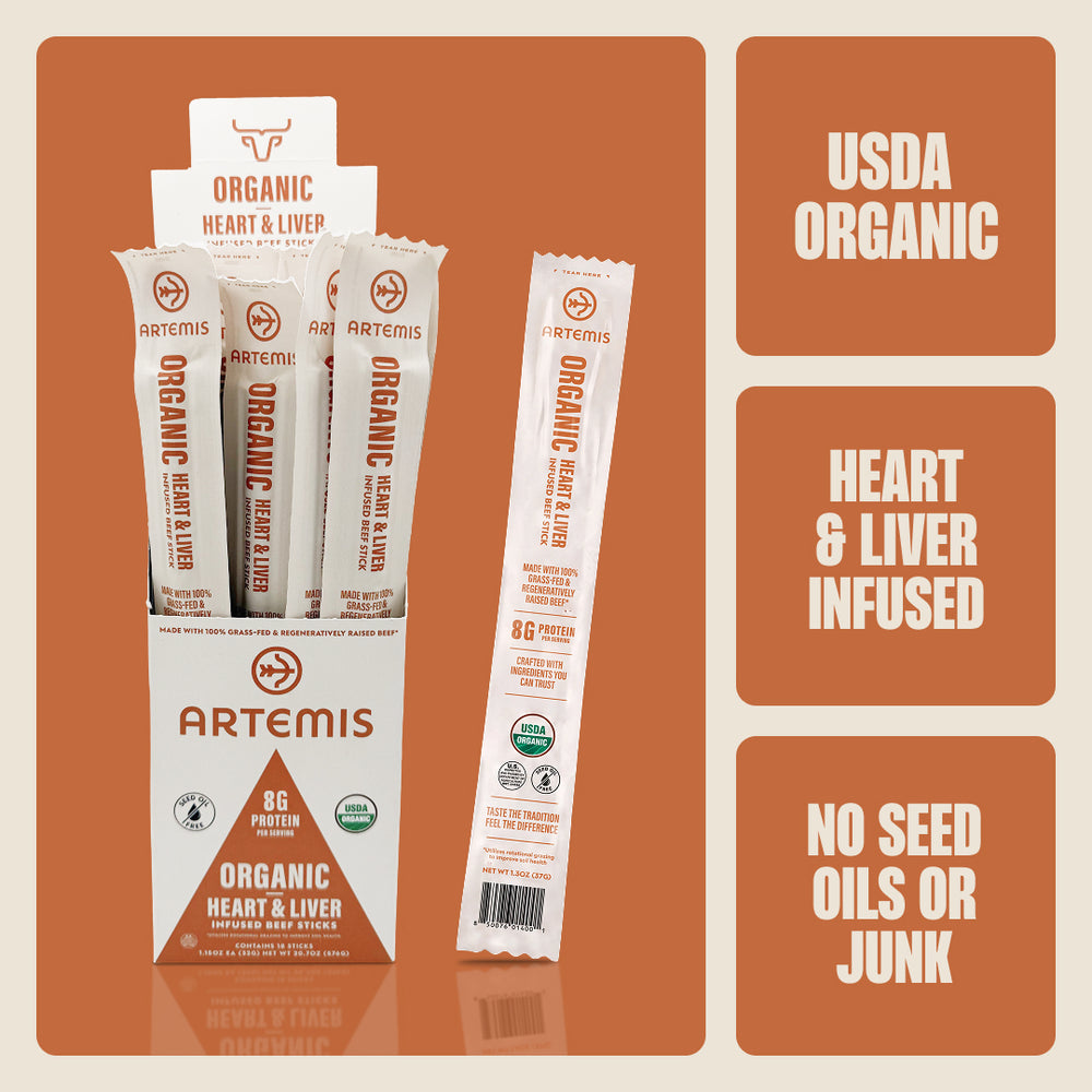 Organic Heart & Liver Infused Beef Stick display box and stick beside three callouts: USDA Organic, heart and liver infused, no seed oils or junk