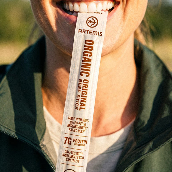 Artemis Organic Original beef stick in its wrapper.
