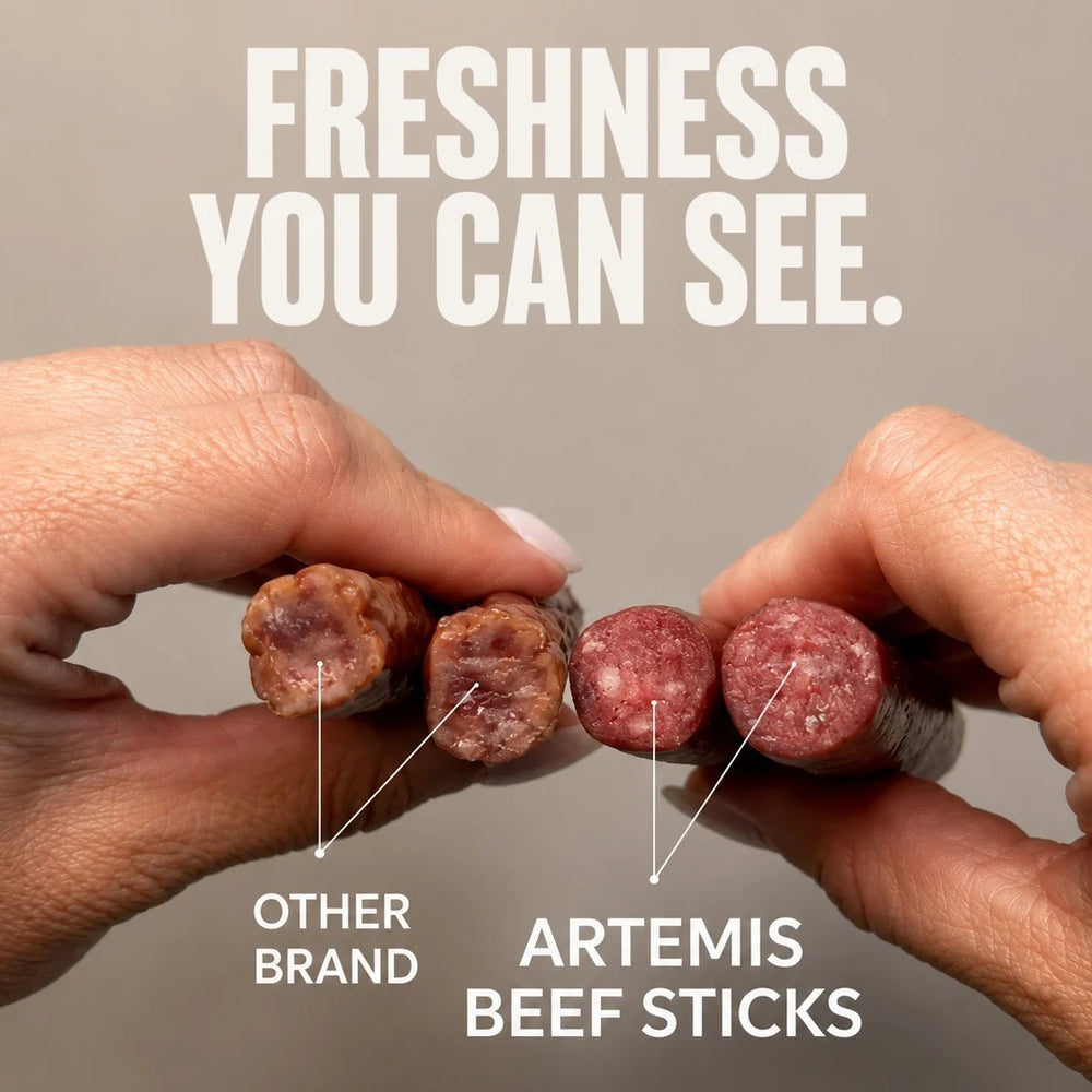 Freshness you can see. Two cut Artemis beef sticks beside two cut sticks from another brand, labeled Other brand and Artemis beef sticks.