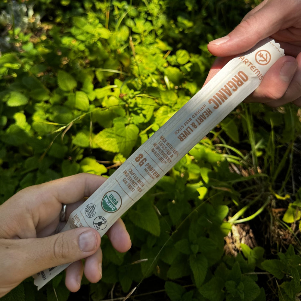 Organic Heart & Liver Infused Beef Stick passed between two hands with greenery behind