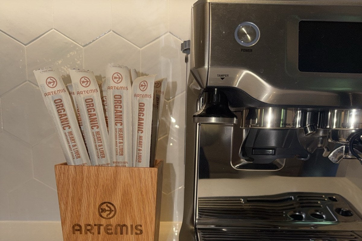 Handcrafted Snack Stick Holder beside an espresso machine on a kitchen counter